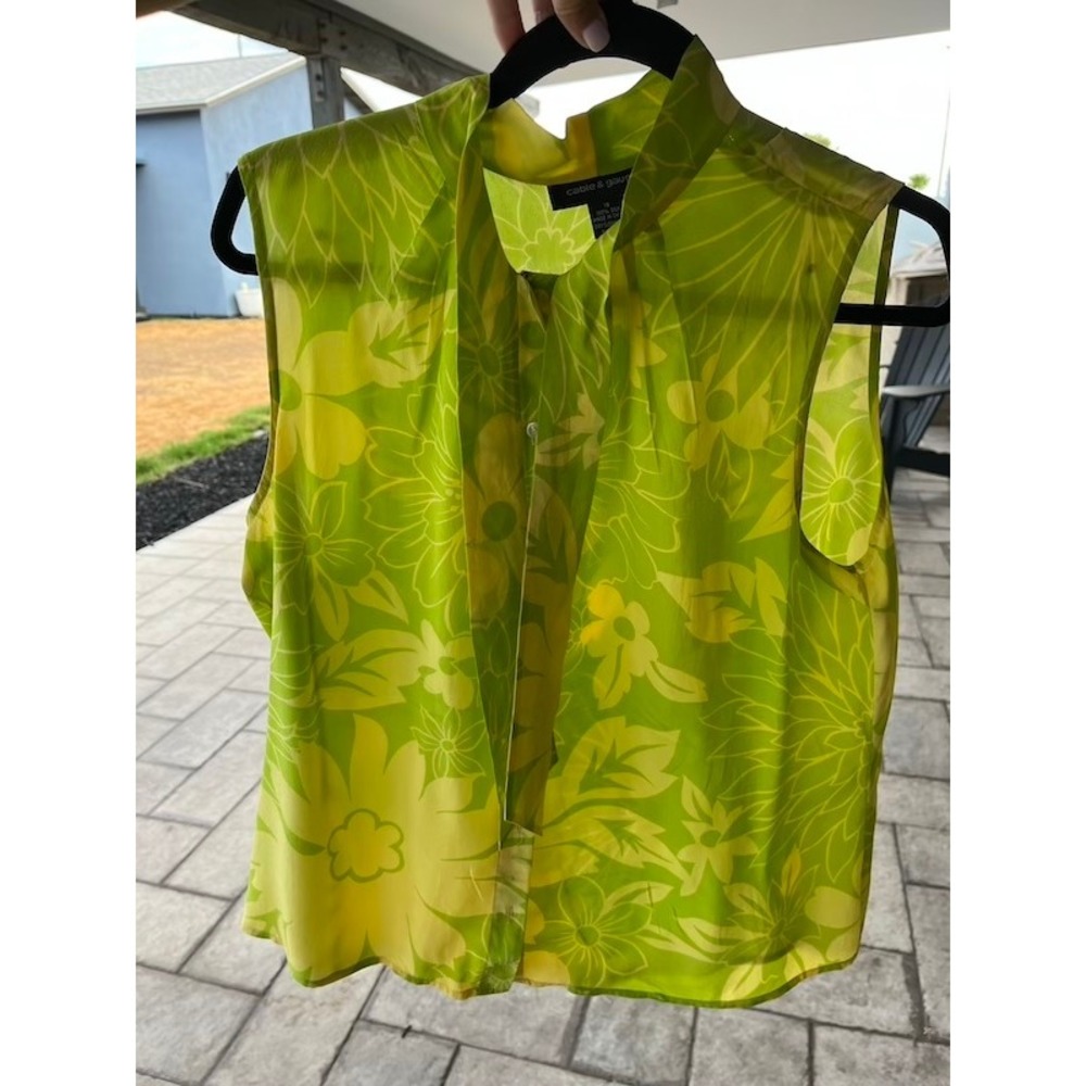 Cable & Gauge 100% Silk Floral Sleeveless Blouse Green Yellow Tie Mock Neck 18 - Picture 1 of 5
